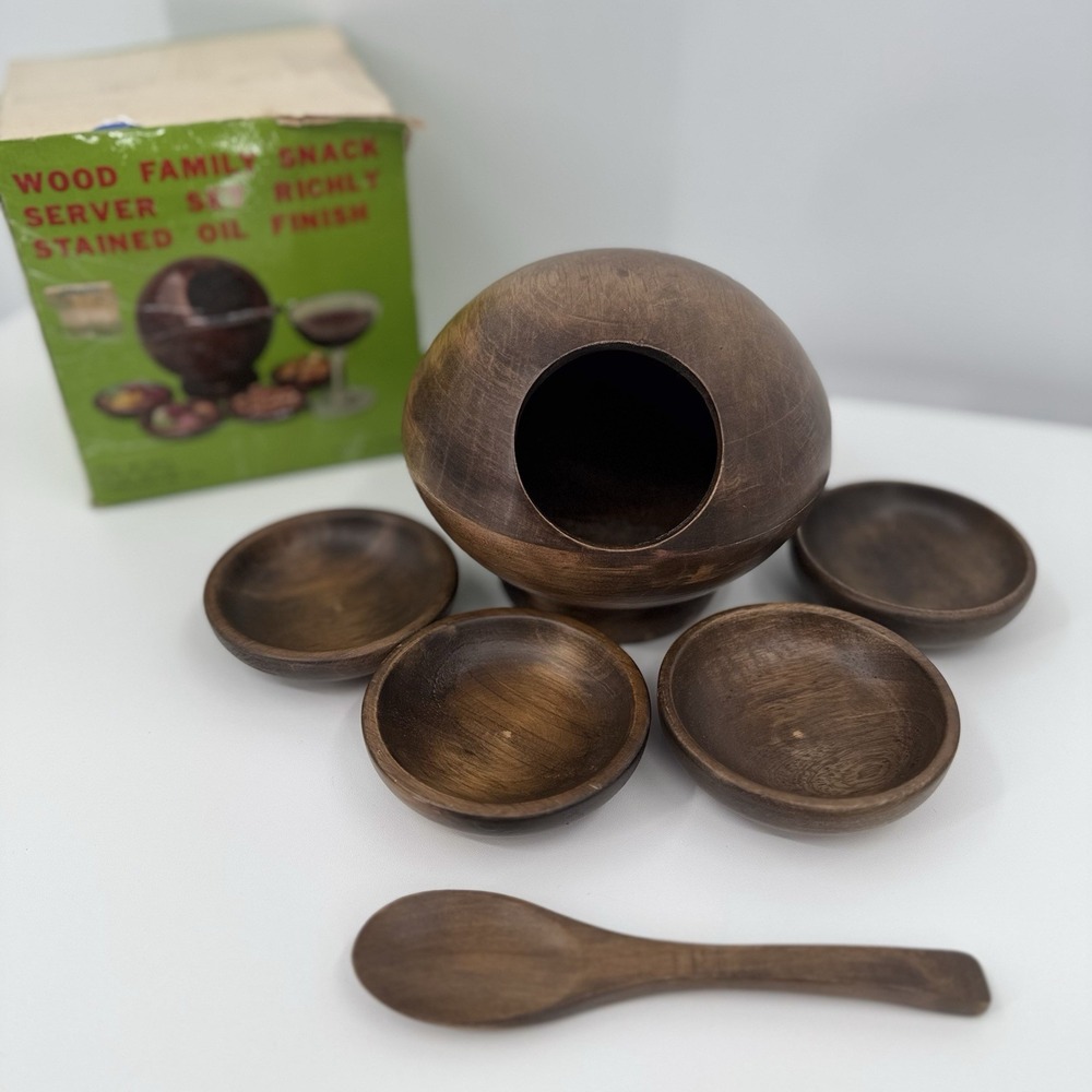 Wood Family Snack Orb‎ Sphere Spoon & 4 personal Snack bowls VINTAGE With Tags